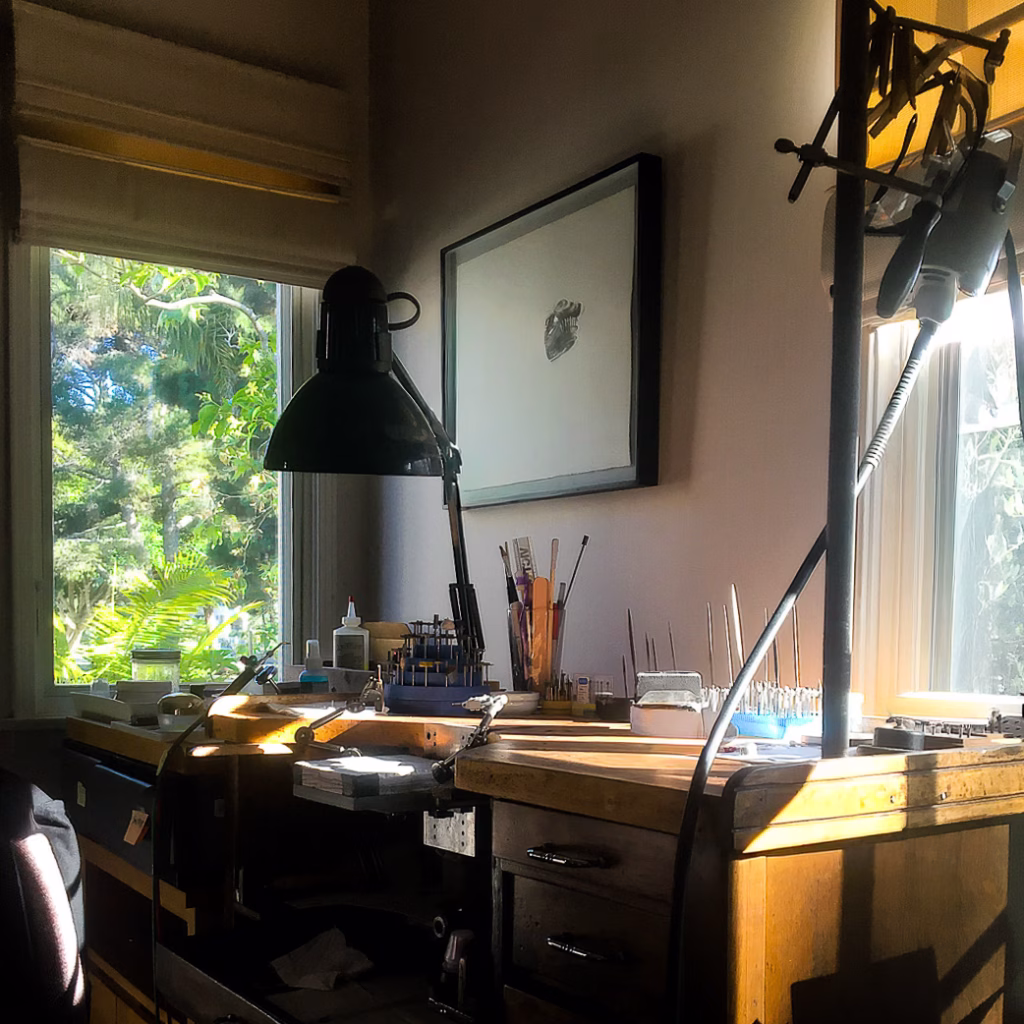 jeweler's bench with tools in the morning light