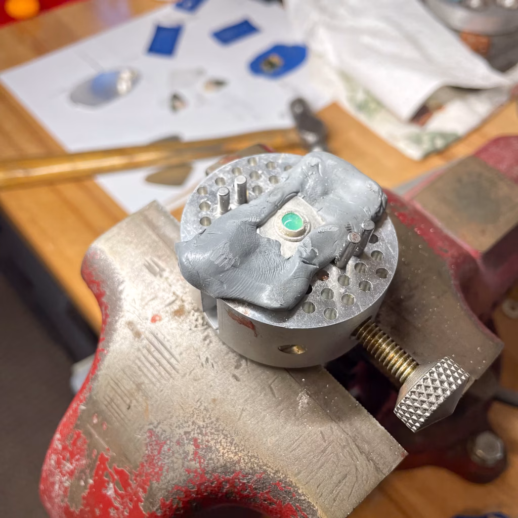 Stone setting in progress in the jewelry studio